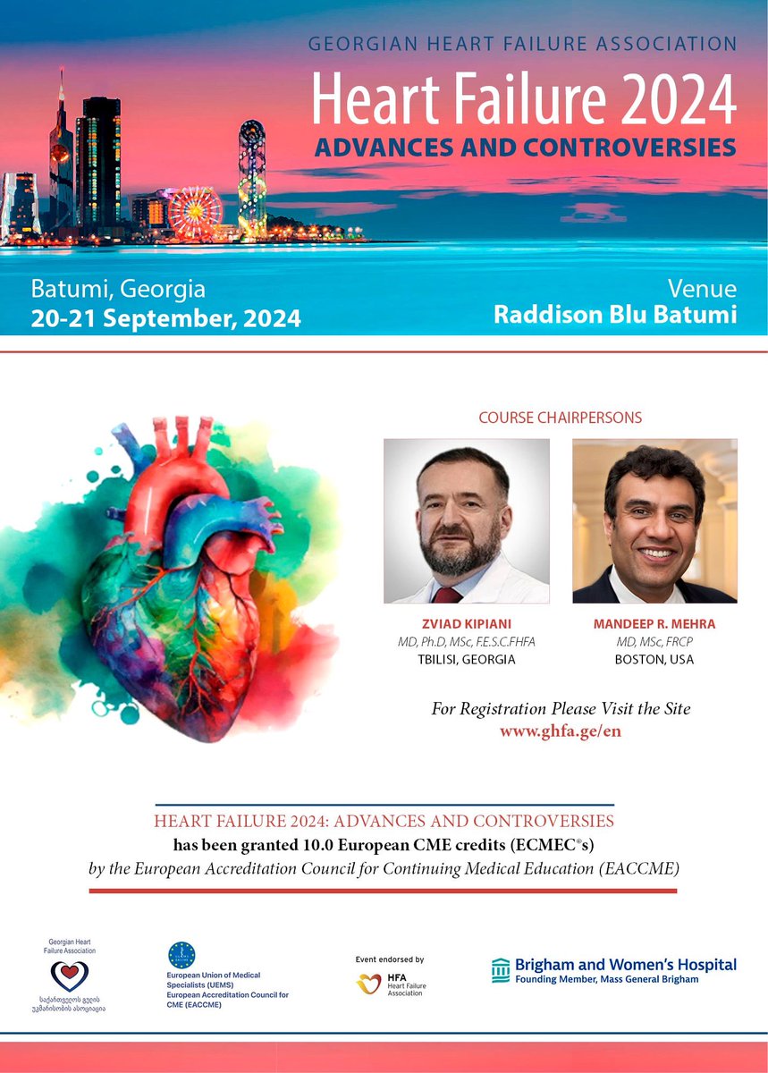 On behalf of the Georgian Heart Failure Association I feel privileged to welcome you to the Georgian Heart Failure Association Meeting :
Heart Failure 2024. Advances and Controversies  to be held from 21th to 21th September  2024 in Batumi. Georgia, 

ghfa.ge/en