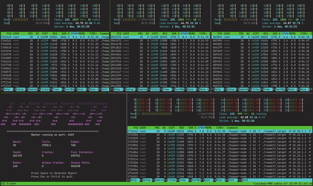 Pre-<a href="/defcon/">DEF CON</a> Hopper demo lab test, fuzzing readelf on 5 machines on <a href="/cloudlabus/">CloudLab</a>

For info on time and location, here's the official forum for the demo lab:
forum.defcon.org/node/249620

#defcon32 #demolabs