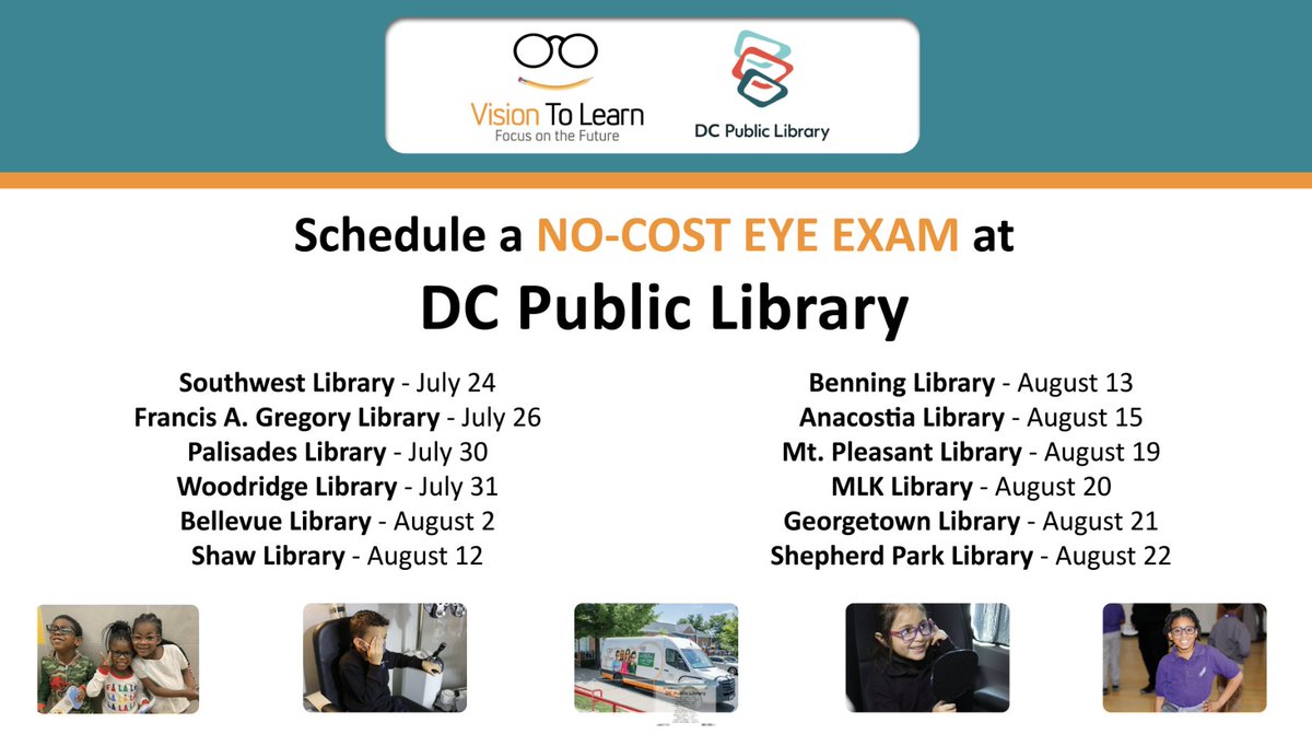 📚👓 DC Public Library is teaming up with @visiontolearn to provide No-Cost eye exams and, if necessary, glasses for children. (PreK - 12th grade only) Book your appointment now! ➡️ bit.ly/468GzvN