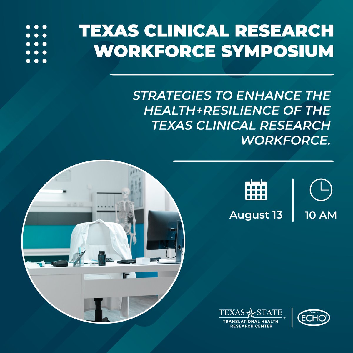 Explore key topics to enhance the clinical research workforce at the TX Clinical Workforce Virtual Symposium on Aug 13 from 10am-4pm. Engage w/ industry experts &amp; contribute to important discussions. Prior attendance at previous sessions is not required: healthresearch.txst.edu/networking/ech…