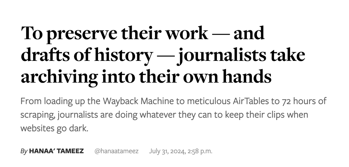 Since corporations are bad archivists (see: MTV News 🕳️), where do journalists turn to preserve their own work? 

First stop: The Internet Archive's <a href="/waybackmachine/">The Wayback Machine</a>. 

And then? Well, it gets complicated, as <a href="/HanaaTameez/">Hanaa’ Tameez</a> highlights for <a href="/NiemanLab/">Nieman Lab</a> 👉 niemanlab.org/2024/07/to-pre…