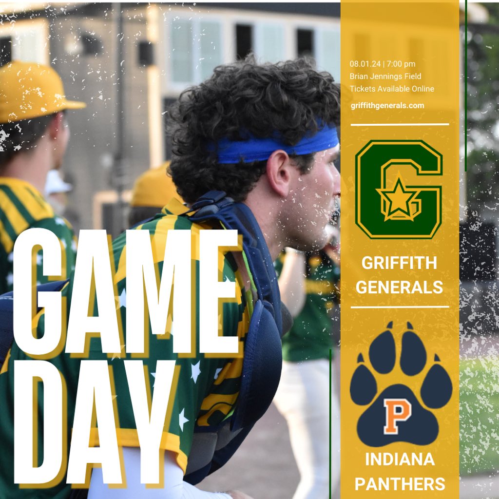 Our final game day at Brian Jennings Field🥲

🆚 : Indiana Panthers
🏟️ : Brian Jennings Field
📍 : Griffith, IN 
⏰ : 7:00 p.m. 
💻 : Generals Facebook Page 
🎙️ : Jon Lieber 
📊 : …enorthernleaguestats.prestosports.com