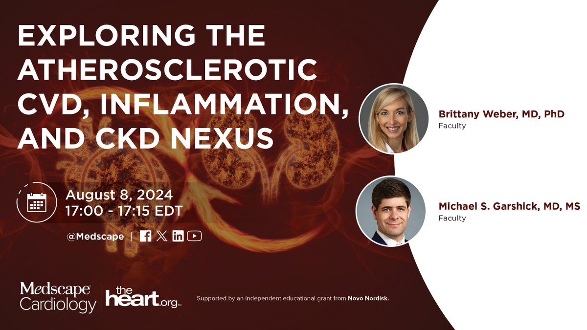 theheartorg | Medscape (@theheartorg) on Twitter photo ⏱️ Take a quick 15 on August 8 for this LIVE discussion that will connect the link between systemic inflammation, ASCVD, and CKD!
Save the date to learn from <a href="/bweber04/">Brittany Weber</a> + <a href="/garshick/">Dr. Michael Garshick</a>. ➡️ ms.spr.ly/6010ljXbK ⏱️ Take a quick 15 on August 8 for this LIVE discussion that will connect the link between systemic inflammation, ASCVD, and CKD!
Save the date to learn from <a href="/bweber04/">Brittany Weber</a> + <a href="/garshick/">Dr. Michael Garshick</a>. ➡️ ms.spr.ly/6010ljXbK