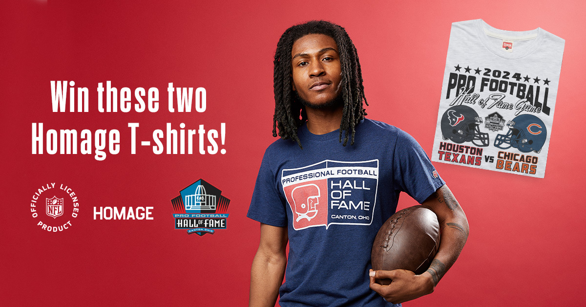 ProFootballHOF's tweet photo. 🚨CONTEST🚨

Which team will score the first touchdown in tonight's Hall of Fame Game, the @ChicagoBears or @HoustonTexans?

1. RT
2. Reply with the answer⬇️

One person who answers correctly will win these TWO Hall of Fame T-shirts, courtesy of @Homage.

Ts & Cs: https://t.co/tuK7FZcF9U