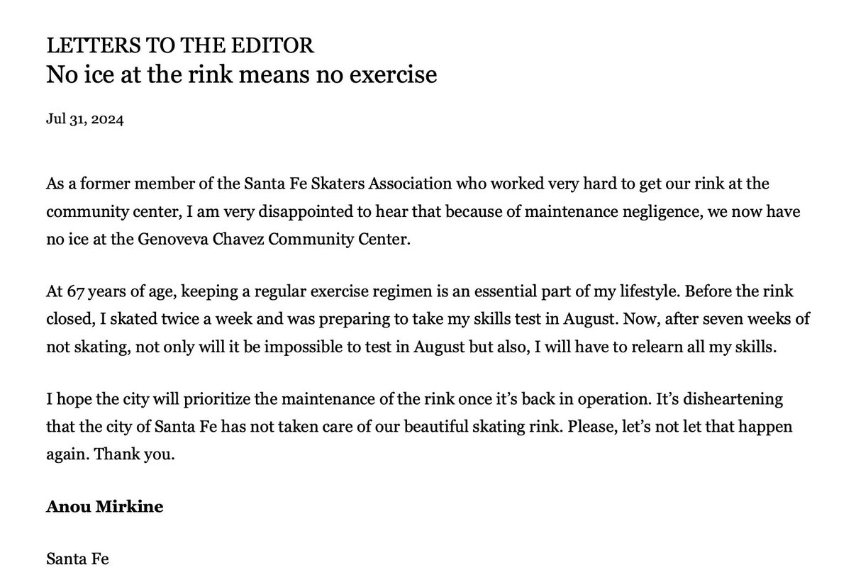 SantaFeSC's tweet image. “I hope the city will prioritize the maintenance of the rink once it’s back in operation. It’s disheartening that the city of Santa Fe has not taken care of our beautiful skating rink. Please, let’s not let that happen again.”

Anou Mirkine - Letter to the Editor @thenewmexican