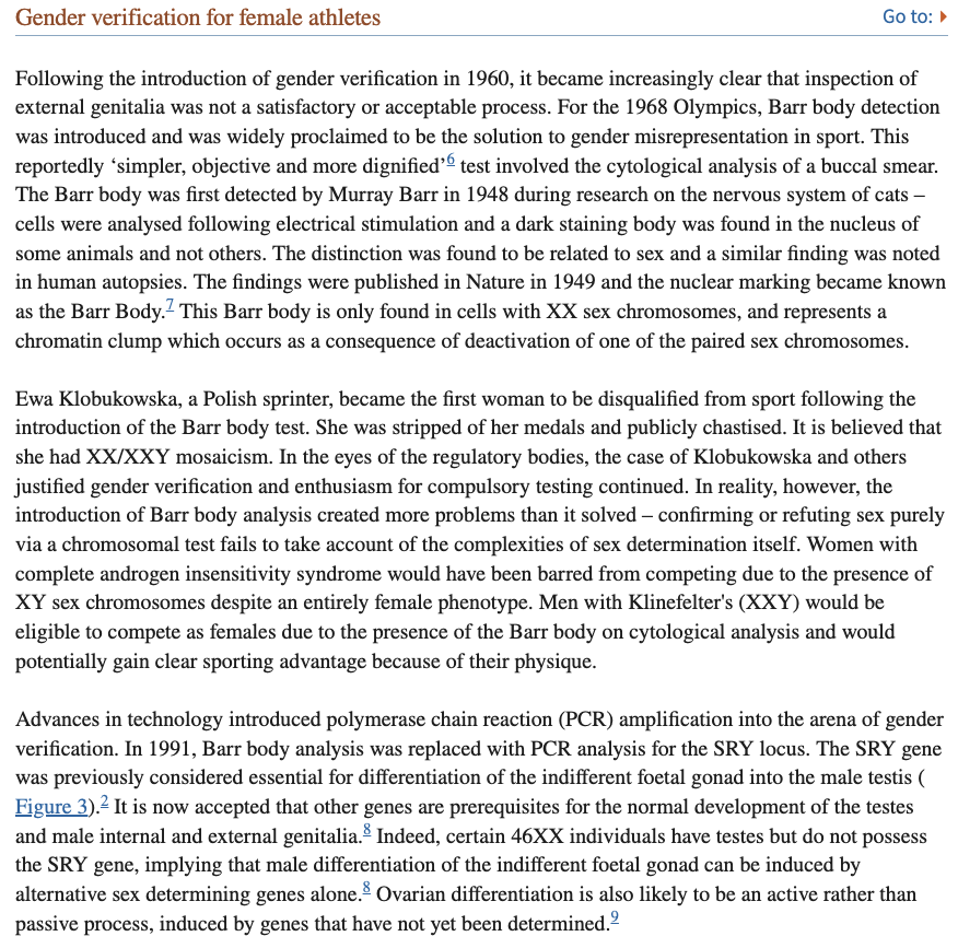 ParkerMolloy's tweet image. I wrote an article on this topic a while back, and referenced this paper in my reporting. It has a breakdown of the history of sex-testing, which I found helpful: ncbi.nlm.nih.gov/pmc/articles/P…