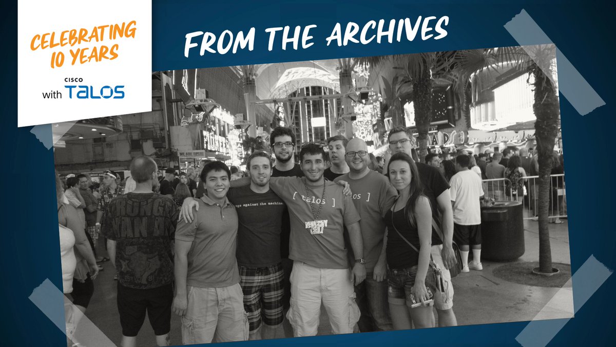 TalosSecurity's tweet photo. Talos is turning 10 this year 🎉 We’re celebrating by taking a trip down memory lane and pulling some of our favorite memories from the Talos archives. Kicking us off, a throwback to Black Hat 2014 where Talos was officially launched #Talos10 https://t.co/nOa1In6bI4