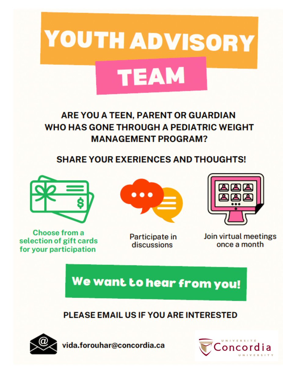 Are you a teen or parent/guardian who has gone through a pediatric weight management program? The Youth Advisory Team is interested in your experiences and thoughts! See flyer for more details on how you can join! 👇