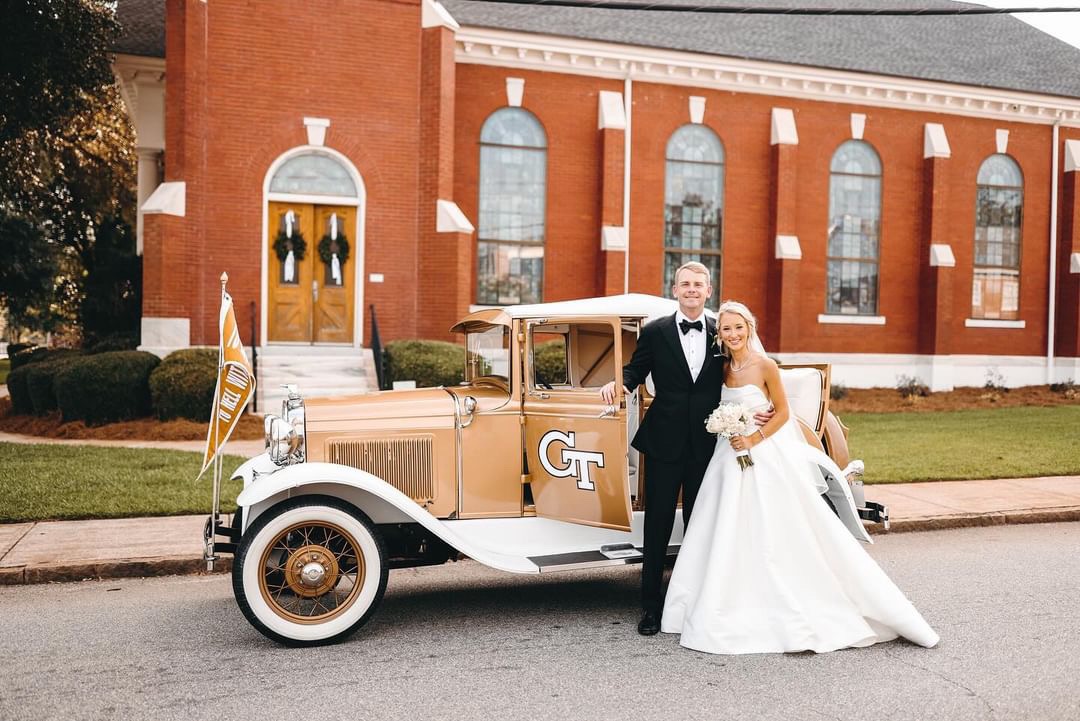 gtalumni's tweet photo. Here's to a future filled with love, laughter, and the good word! 💛💍

Mary James, BA 24, and Ben King, Bio 24, were recently married, and the Ramblin’ Reck made an appearance for the special day. https://t.co/B3v6KgzwcR