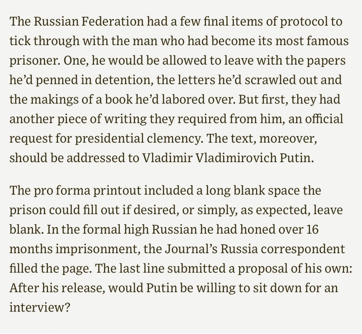 pilarconci's tweet photo. Once a journalist, always a journalist. 
Great anecdote at the end of this story 
@wsj #EvanGershkovich 

Inside the Secret Negotiations to Free Evan Gershkovich https://t.co/aG2NN5yq0Q https://t.co/8t34f7h9Hw