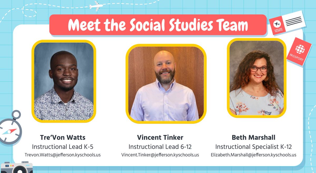 JCPS K-12 Social Studies (@jcpsk12ss) on Twitter photo 🚨 Meet the JCPS Social Studies Team! 🚨
Mr. Tre’Von Watts: K-5 Instructional Lead
Mr. Vincent Tinker: 6-12 Instructional Lead
Mrs. Elizabeth “Beth” Marshall: K-12 Specialist
We’re thrilled to support you this school year! 🌟 #weareJCPS #RowTogether <a href="/JCPSAcademics/">JCPSAcademics</a> 🚨 Meet the JCPS Social Studies Team! 🚨
Mr. Tre’Von Watts: K-5 Instructional Lead
Mr. Vincent Tinker: 6-12 Instructional Lead
Mrs. Elizabeth “Beth” Marshall: K-12 Specialist
We’re thrilled to support you this school year! 🌟 #weareJCPS #RowTogether <a href="/JCPSAcademics/">JCPSAcademics</a>