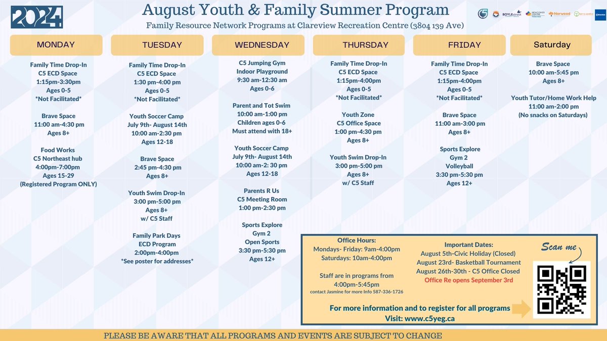 Its August!!!

Our Summer programs continues...

Join us at the Clareview Recreation Center in the C5 FRN space. 
Monday to Friday: 9:00 am - 5:00 pm
Saturday: 10:00 am - 5:45 pm