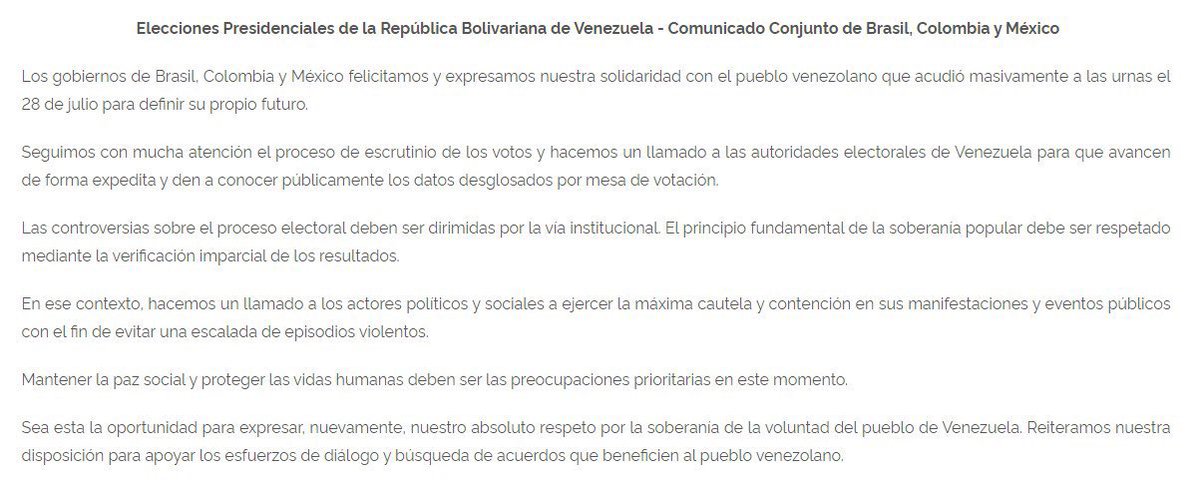 OrlvndoA's tweet image. #ÚLTIMAHORA | Colombia, Brasil y México publican comunicado en conjunto en el que le exigen al régimen de Nicolás Maduro que publiquen “con celeridad” las pruebas de los resultados presentados por el CNE.
