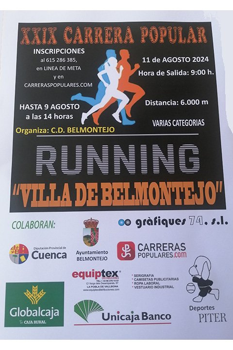 [11/08] [6KM]

XXIX CARRERA POPULAR "VILLA DE BELMONTEJO"

[7€/10€]

Inscripción 
carreraspopulares.com/ticketrun/#/ES…

Reglamento
  carreraspopulares.com/api/getReglame…