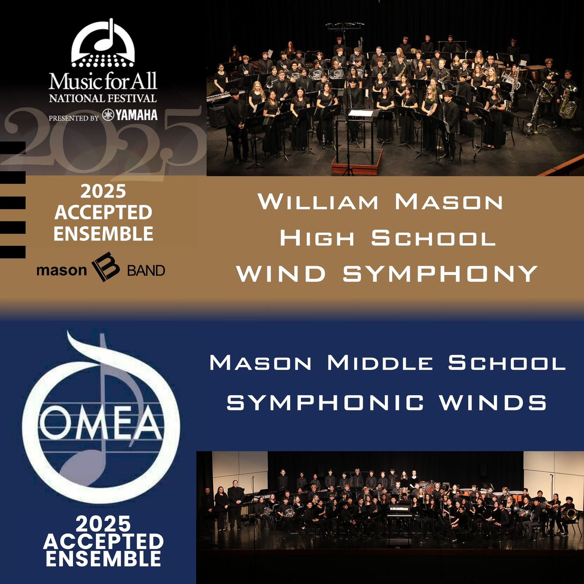 Exciting news for this school year! The HS  Wind Symphony has been accepted to perform at the 2025 MFA National Concert Band Festival. The MMS Symphonic Winds has been accepted to perform at the 2025 OMEA Professional Development Conference. <a href="/MHSComets/">Mason High School</a> <a href="/MMScomets/">Mason Middle School</a> <a href="/cooperlearns/">Jonathan Cooper</a>