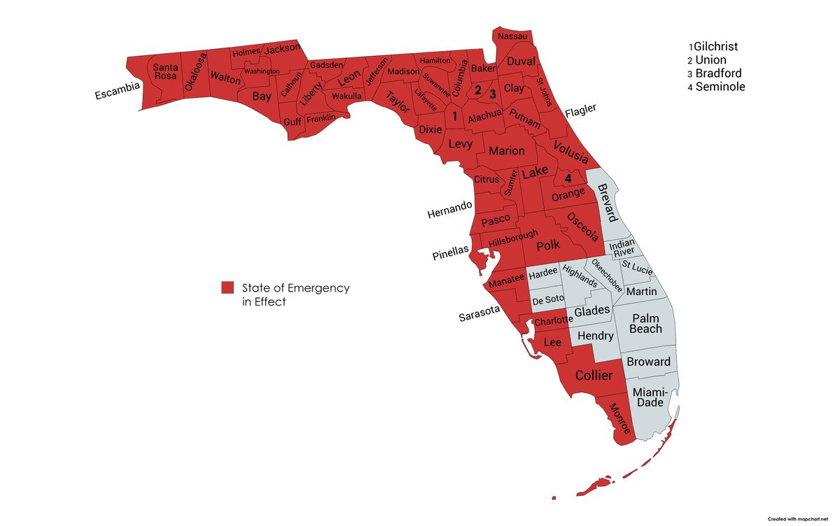 Florida Counties currently under a state of emergency as declared by <a href="/GovRonDeSantis/">Ron DeSantis</a>. #flwx #97L