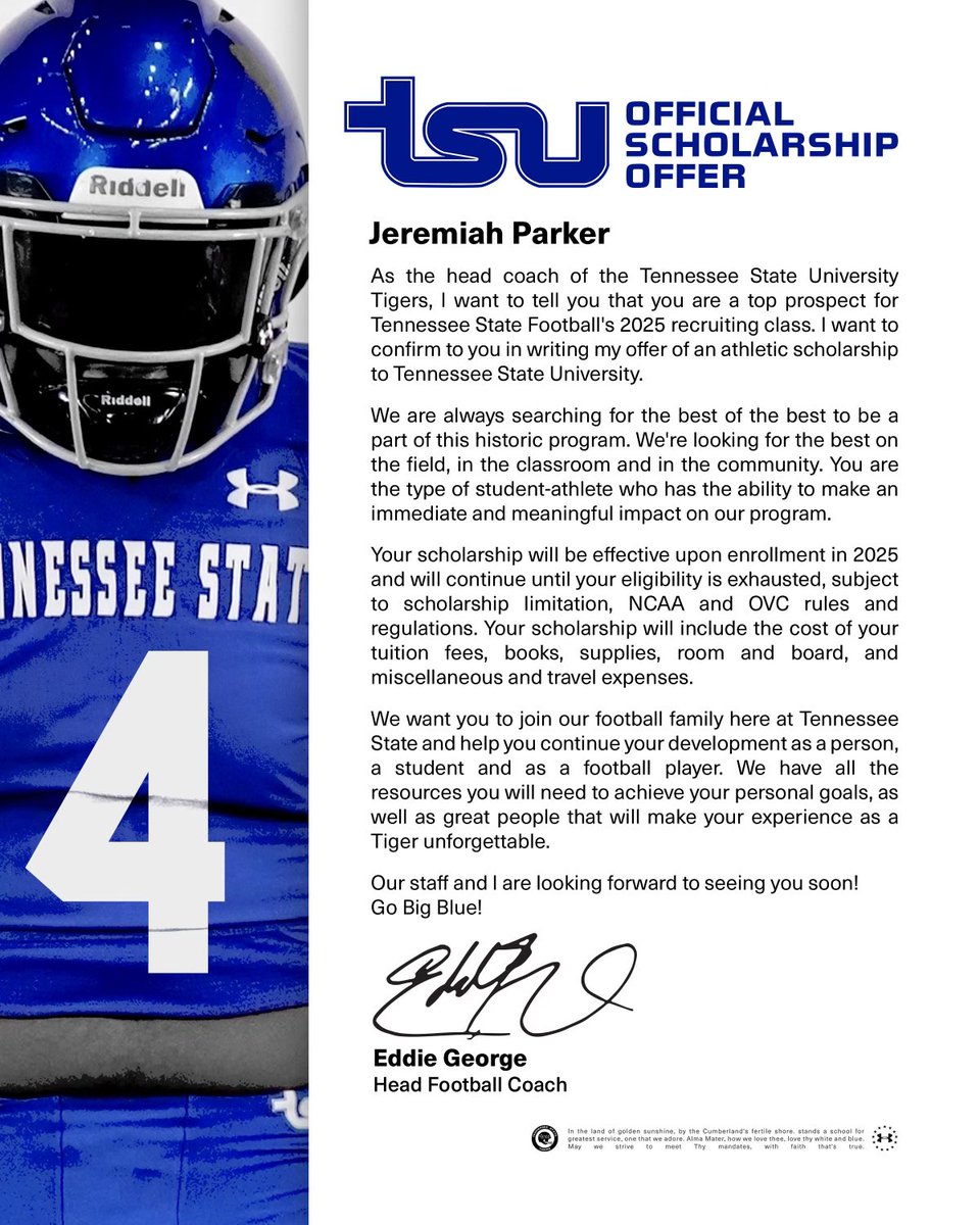 Blessed to receive my official offer from <a href="/TSUTigersFB/">Tennessee State Football</a> <a href="/coachbowdown58/">Joe Bowden</a> <a href="/EddieGeorge2727/">Eddie George</a> <a href="/AthertonFootbal/">Atherton Ravens Football Team</a>