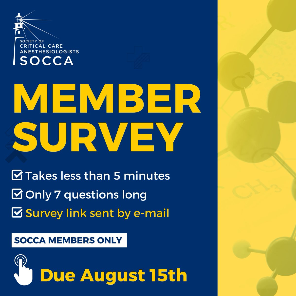 Society of Critical Care Anesthesiologists (@socca_critcare) on Twitter photo SOCCA Members – Member Survey Open! Please share your input by taking approximately 5 minutes to answer the short, 7-question survey link sent to you by e-mail - Deadline: August 15th (Contact info@socca.org if you are missing your e-mailed link.) SOCCA Members – Member Survey Open! Please share your input by taking approximately 5 minutes to answer the short, 7-question survey link sent to you by e-mail - Deadline: August 15th (Contact info@socca.org if you are missing your e-mailed link.)