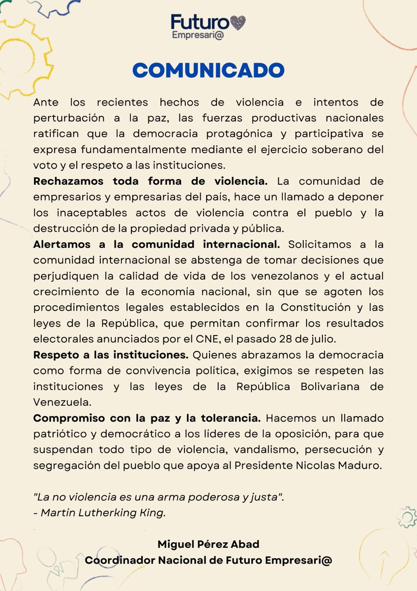 Mov_Futuro's tweet photo. Comunicado de la Coordinación Nacional de Movimiento Futuro Empresari@, ante los hechos de violencia e intentos de desestabilización en el país #PuebloDeJusticia https://t.co/A6JdadIpE3