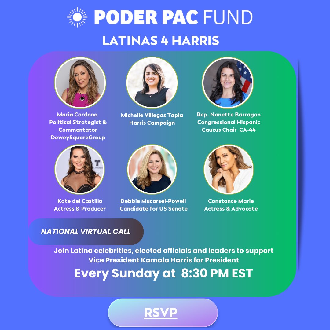 PODERPAC's tweet photo. Okay Chingonas! You asked and we are delivering again! Join us for Latinas4Harris Sunday 8:30 ET @MariaTCardona will moderate convo with @michelleavillgs @RepBarragan @katedelcastillo @DebbieforFL and Constance Marie Register here https://t.co/nK26MzqjFi https://t.co/LwNj38KX4s