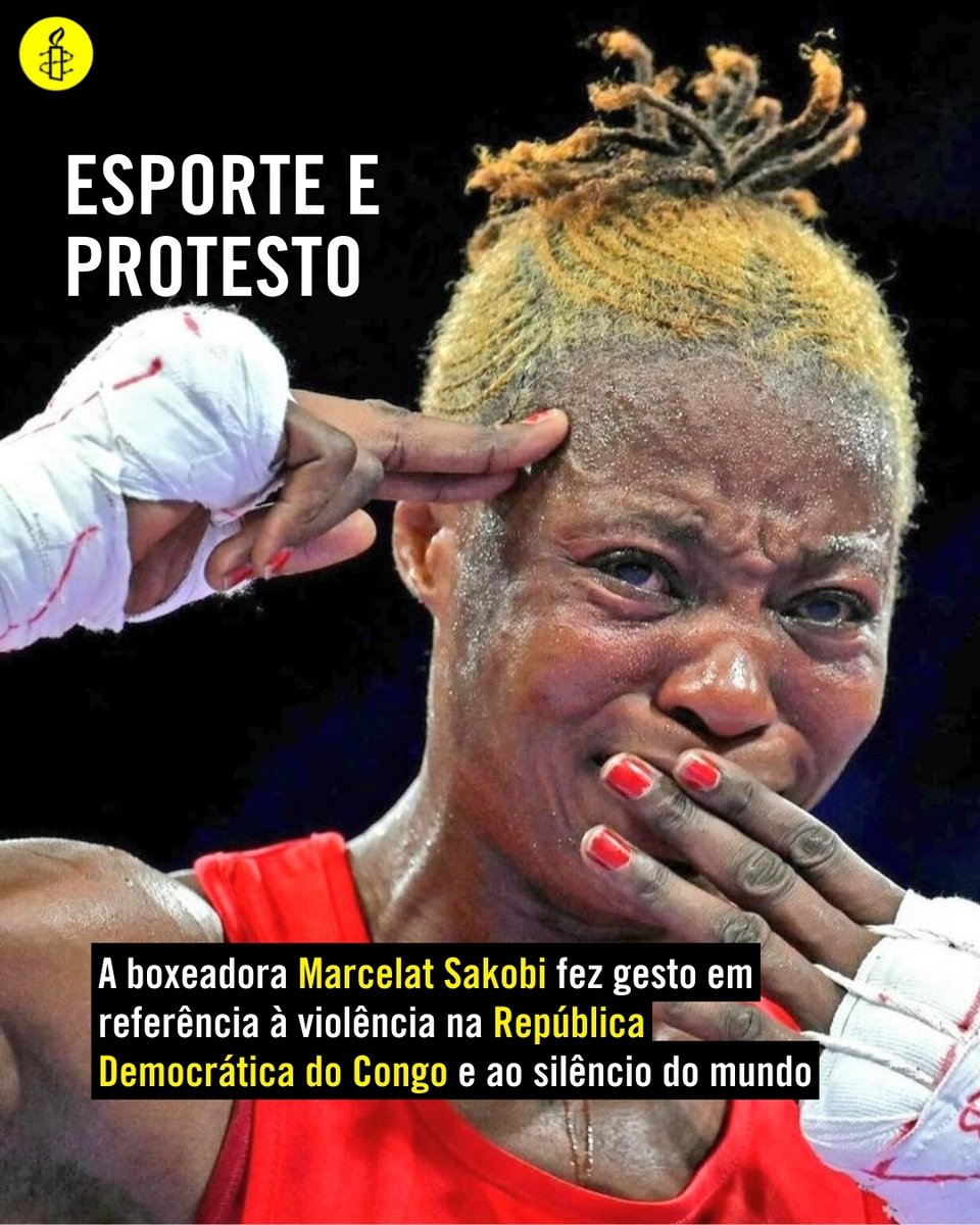NEM SÓ DE GLÓRIAS. A boxeadora congolesa Marcelat Sakobi fez um gesto de denuncia: dois dedos na têmpora e as mãos nos lábios aludindo ao silêncio do mundo a respeito da violência que acontece na República Democrática do Congo.