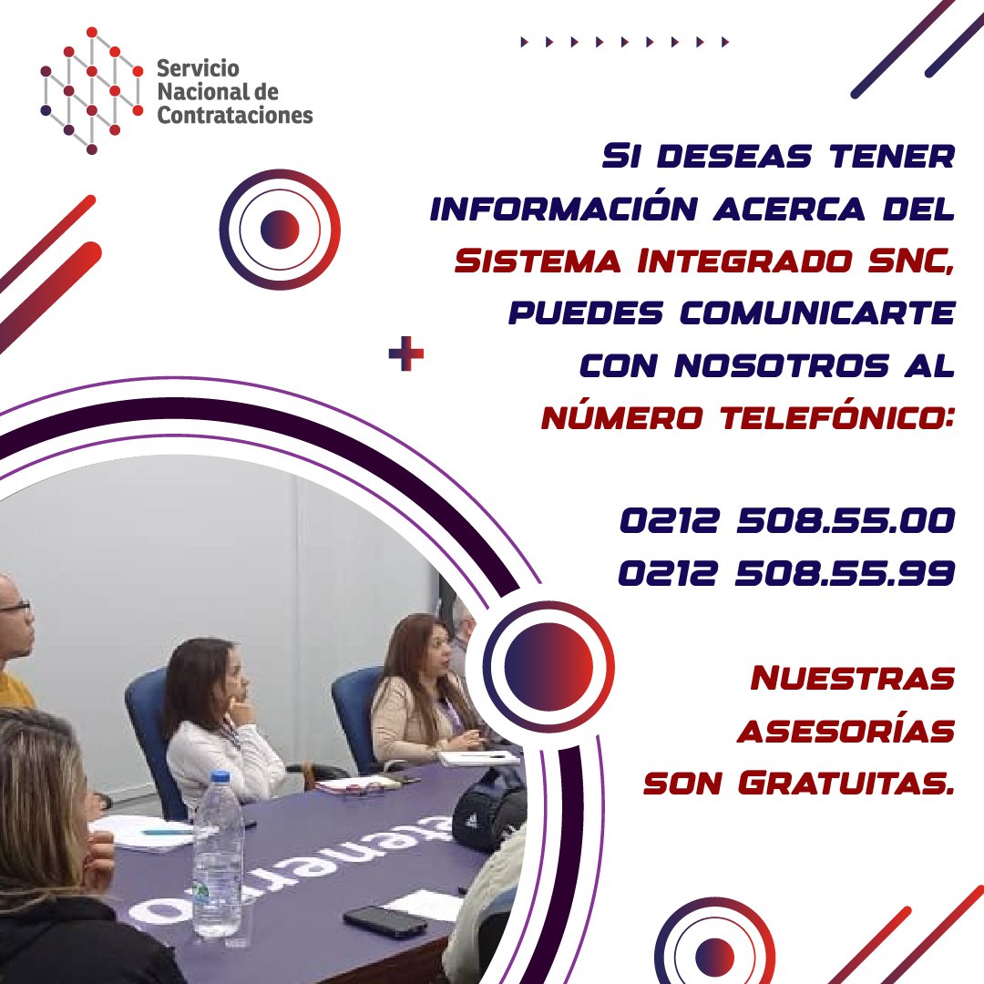 🌐 Te invitamos a seguirnos en las cuentas oficiales <a href="/snc_info/">SNC</a> @contacto_rnc 

📓 Talleres 🖥️ Regístrate 🤝 asesoría
💡 Emprendedores 🏢 Contrataciones. 

Toda la información que necesitas está en nuestra página web: www.snc.gob. ve