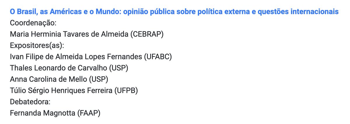 🗣️Durante o Encontro da ABCP, me juntarei a esse time de peso para discutir opinião pública e política externa.

Apresento artigo coautorado com <a href="/felicianosa/">Feliciano de Sá Guimarães</a> e Ivan Fernandes, sobre ideologia e o apoio ao uso do poder militar como ferramenta de política externa.

Terça às 10:30