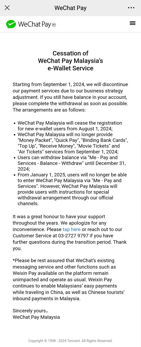 KevinNgTK's tweet photo. WeChat Pay Malaysia will be discontinued effective 1 Sept 2024 https://t.co/re8DqE17x7