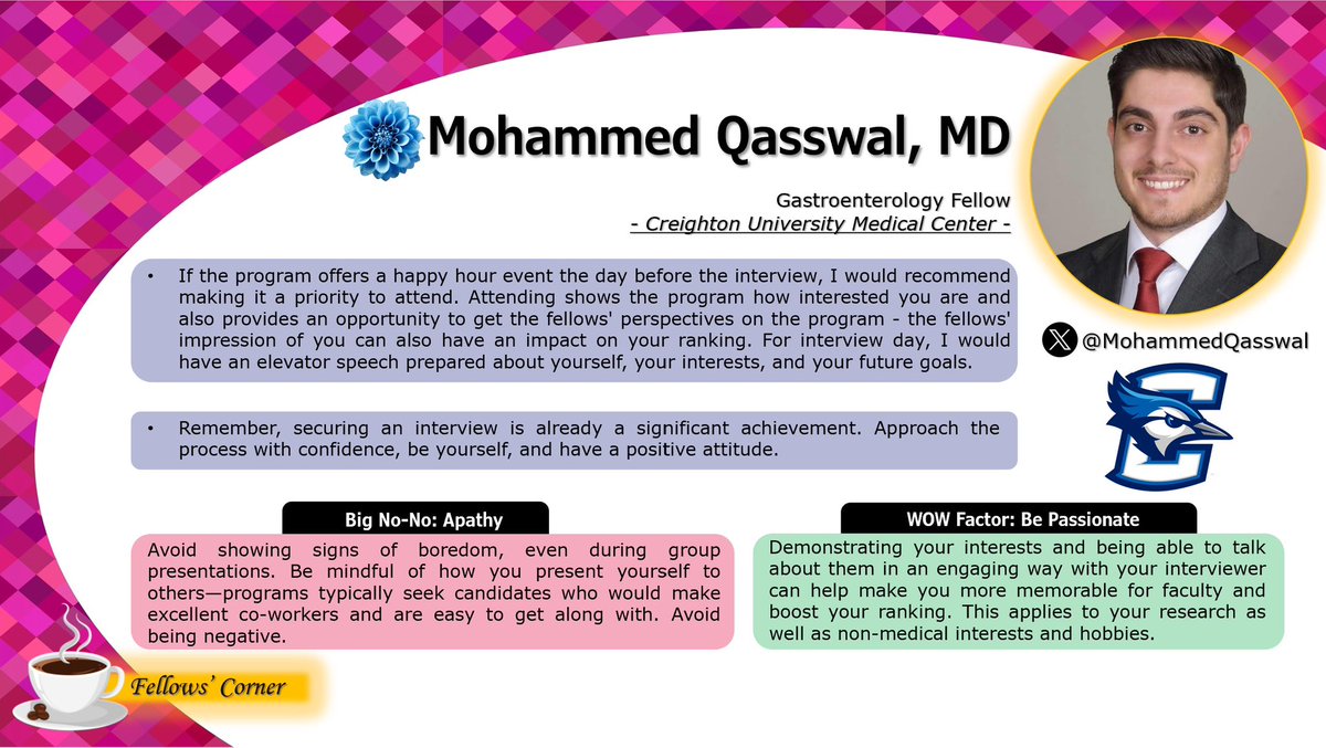 8/ ✨ The Fellows’ Corner continues with… ☕️

🌸 <a href="/BlaneyMD/">Hanna Blaney, MD, MPH</a>
🌸 <a href="/Timothy_A_Zaki/">Timothy Zaki, MD</a>
🌸 <a href="/JamesHaddadMD/">James D. Haddad, MD, FACP</a>
🌸 <a href="/MohammedQasswal/">Mohammed Qasswal, MD</a>