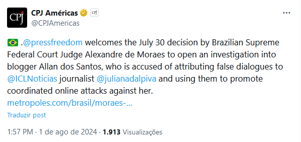 tercalivre's tweet image. The contradiction in the publication by the Committee to Protect Journalists (CPJ), funded by George Soros, is striking. This organization, which should be dedicated to protecting press freedom, has expressed support for the persecution initiated by Judge Alexandre de Moraes.…