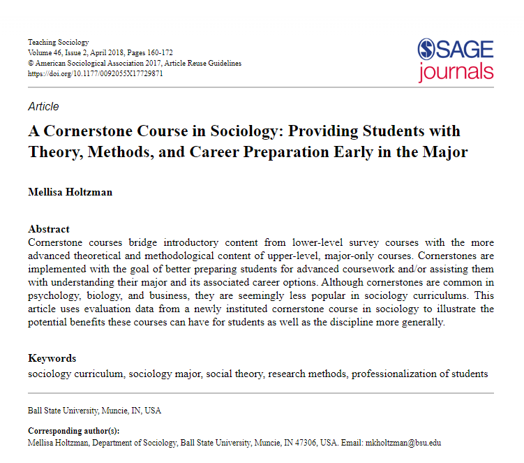 ⏰It's Throwback Thursday!⏰
Check out the 2017 article A Cornerstone Course in Sociology by Melliza Holtzman, which highlights the benefits of providing students with theory, methods, and career preparation early in the major through cornerstone courses. 
doi.org/10.1177/009205…