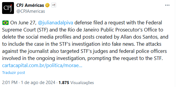 tercalivre's tweet image. The contradiction in the publication by the Committee to Protect Journalists (CPJ), funded by George Soros, is striking. This organization, which should be dedicated to protecting press freedom, has expressed support for the persecution initiated by Judge Alexandre de Moraes.…