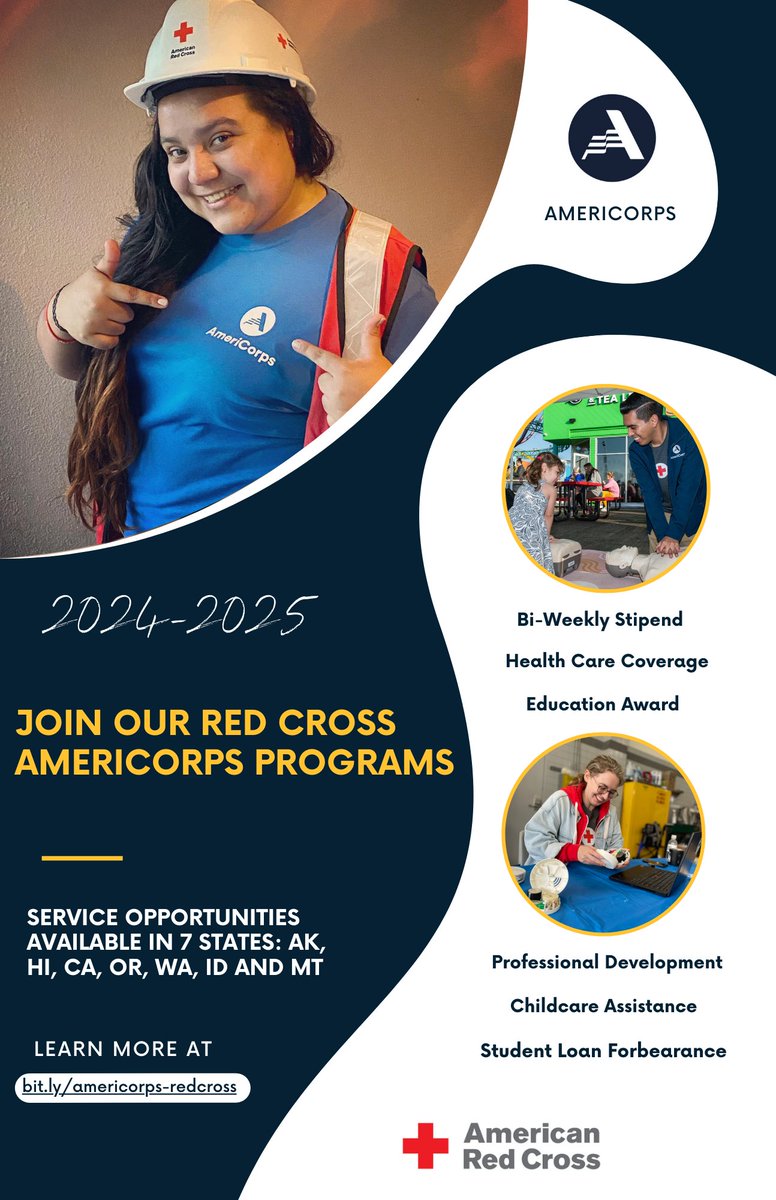 RedCrossNW's tweet image. 📢 JOIN US!  We are now recruiting passionate individuals for @AmeriCorps  positions in #Seattle, #Tacoma, #Wenatchee, and #Yakima.
📆 Service Term: September 16, 2024-August 1, 2025 
🔗 Link to Apply: bit.ly/americorps-red…
