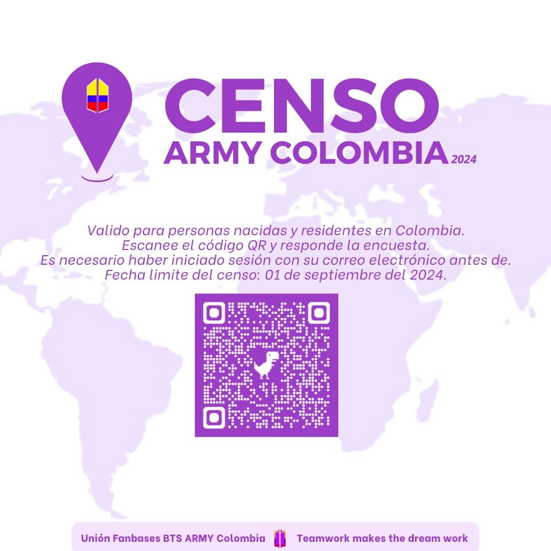 Army_Medellin's tweet photo. #ARMYColombia te invitamos a participar en el Censo del fandom colombiano 2024 desde hoy hasta el 01/09/24! 📅💜

Llénalo aquí: https://t.co/mRdChdiAyM o escaneando el QR de la imagen

¡Ayúdanos a que este censo sea un éxito! Comparte esta invitación usando #CensoARMYCol2024 https://t.co/O3SeQyXzBc