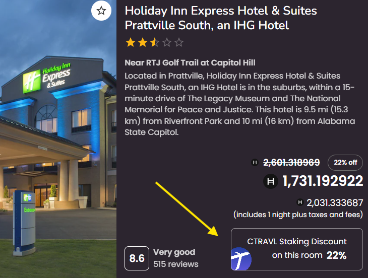 xprtravel's tweet photo. Use your #HBAR $HBAR to get great deals on a room in #Clanton. Stake $CTRAVL and save up to 30% or more. Great deals available for the @hedera community.
Book your next vacation for less on https://t.co/4T0ZnybC7i!
Proudly Built on @XPRNetwork with No GAS Fees! https://t.co/Npjmxvw4Qa