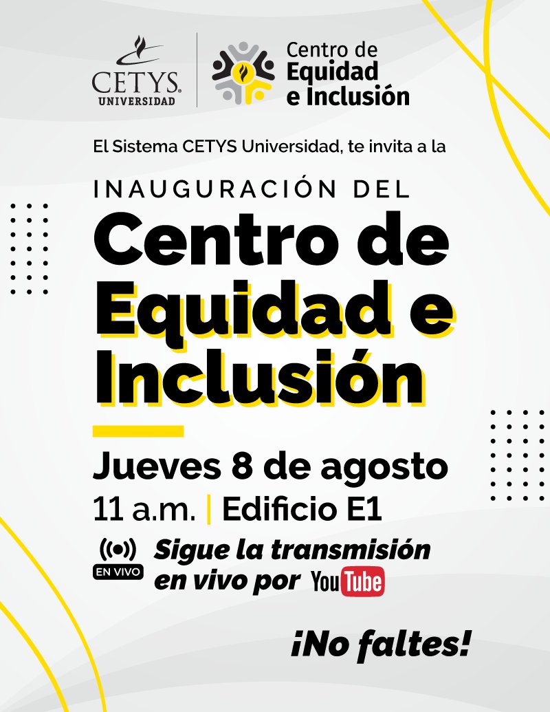 ¡Muy pronto! En el marco del plan CETYS 2036 y hacia nuestro 75 aniversario, darán inicio las actividades del Centro de Equidad e Inclusión del Sistema CETYS Universidad. Conoce más aquí: bit.ly/46CMklC