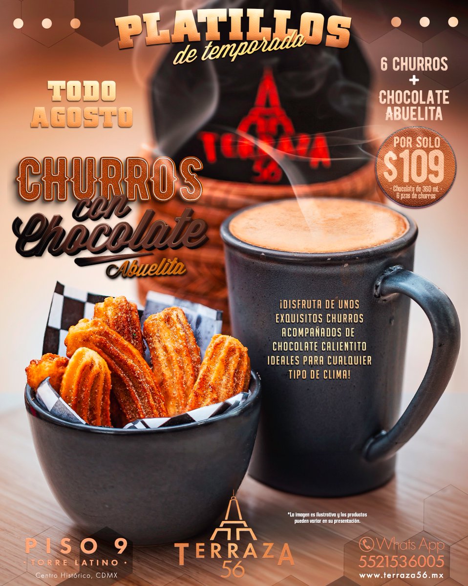 terraza56mx's tweet photo. ❝¡Disfruta de nuestro #PlatilloDeTemporada con unos riquísimos #churros ☕️😋 con #ChocolateAbuelita❞

• ℂ𝕙𝕦𝕣𝕣𝕠𝕤 𝕔𝕠𝕟 ℂ𝕙𝕠𝕔𝕠𝕝𝕒𝕥𝕖 𝔸𝕓𝕦𝕖𝕝𝕚𝕥𝕒 • ☕️😋 
¡6 churros + Taza de Chocolate Abuelita 𝒑𝒐𝒓 𝒔𝒐𝒍𝒐: $109!

📍𝐏𝐈𝐒𝐎 𝟗 #TorreLatino 🔝🗼🙌 https://t.co/BUqid5POvD
