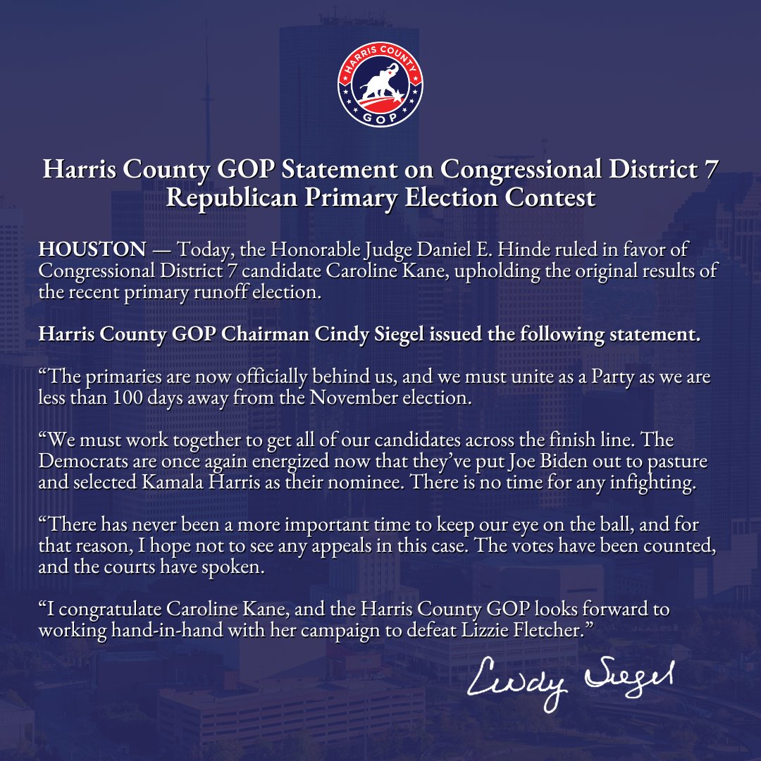 HarrisCountyRP's tweet photo. Our statement on the ruling of the Congressional District 7 Republican Primary election contest. https://t.co/Q5PN1iCWcq