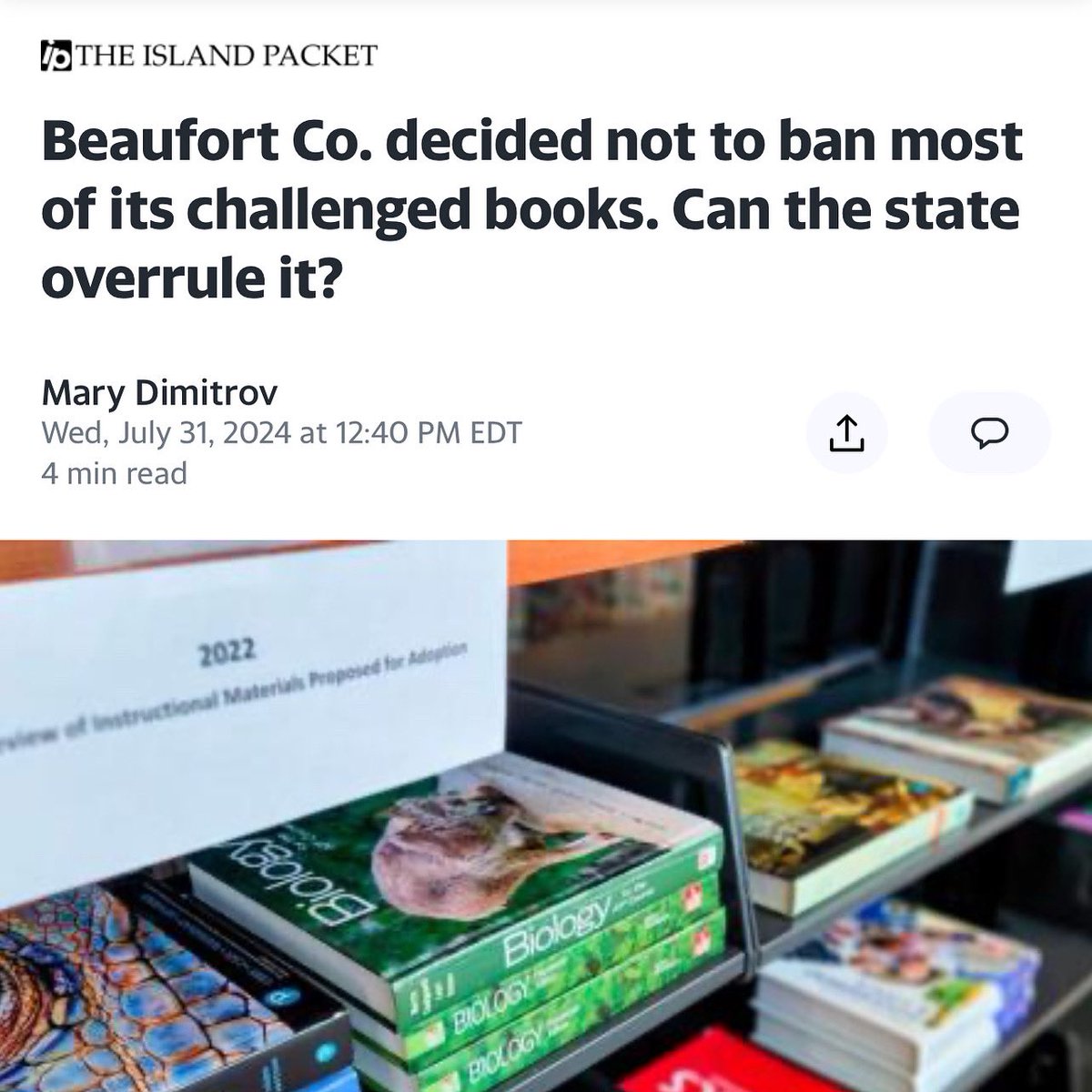 The new state book review regulations are alarming . Especially concerning when you take into consideration that they could undo all we’ve spent the last 2 years fighting. 
islandpacket.com/news/local/edu…