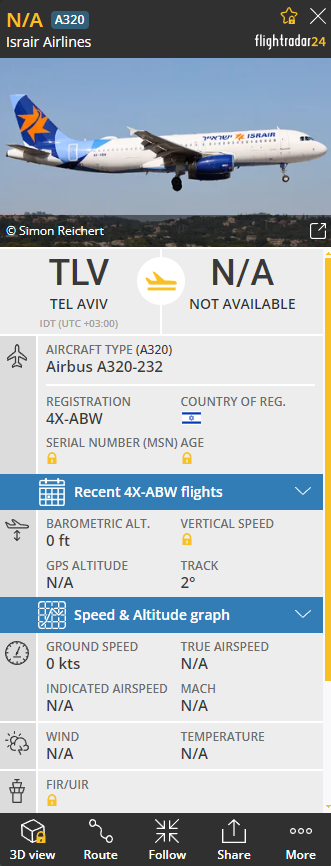TheTribeOfTruth's tweet photo. There are 4 planes on Ben Gurion airport as of 01:26 am Tel Aviv time.

Flight #AIZ153 is headed to Cyprus.
Flight #ELY021 is headed to Florida
Flight #ELY005 is headed to LA.

Last plane has unknown call sign and destination. https://t.co/9YZx8JqruQ