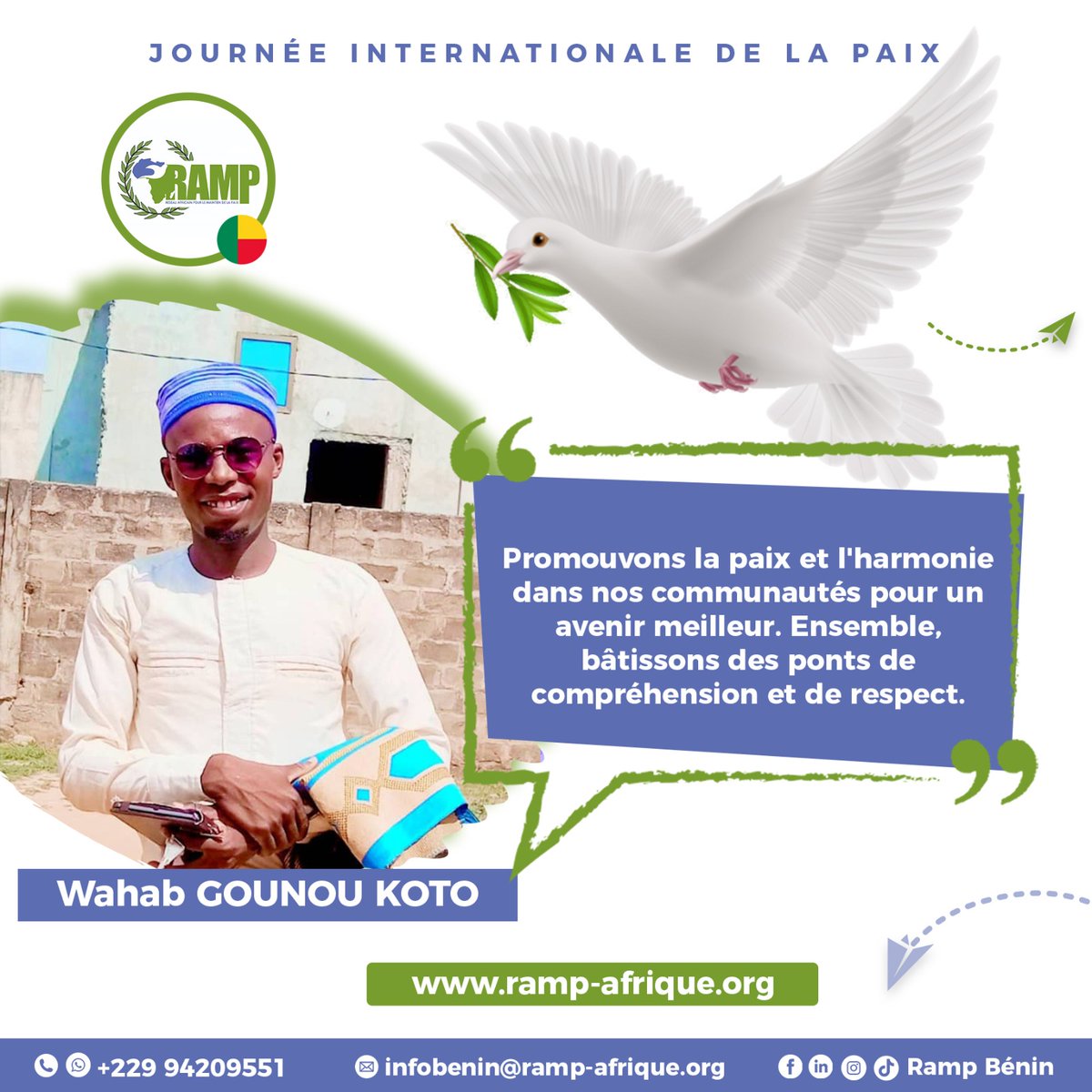 rampbenin's tweet photo. [Journée internationale de la Paix 24]

ACTE 44
"Promouvons la paix et l'harmonie dans nos communautés pour un avenir meilleur. Ensemble batissons les ponts de compréhension et de respect."_

Pour la Paix, engageons-nous!
La Paix, l'Afrique y gagne!
#100JourPourlaPaix
#HD4P https://t.co/Ofqk86RviA