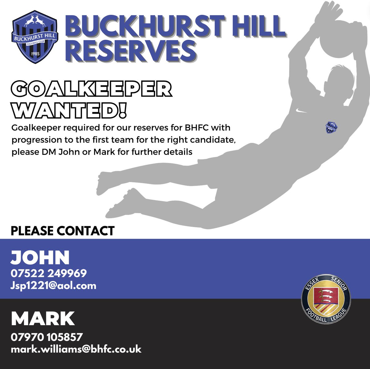 Buckhurst Hill FC (@buckhursthillfc) on Twitter photo 🧤 GOALKEEPER WANTED FOR RESERVES TEAM 🔵⚫️
Goalkeeper required for our BHFC reserves, with progression to the 1st team for the right candidate, please message John 07522 249969 or <a href="/floppyloughton/">Floppy12345 💙</a> 07970 105857 for further details. 🧤 GOALKEEPER WANTED FOR RESERVES TEAM 🔵⚫️
Goalkeeper required for our BHFC reserves, with progression to the 1st team for the right candidate, please message John 07522 249969 or <a href="/floppyloughton/">Floppy12345 💙</a> 07970 105857 for further details.