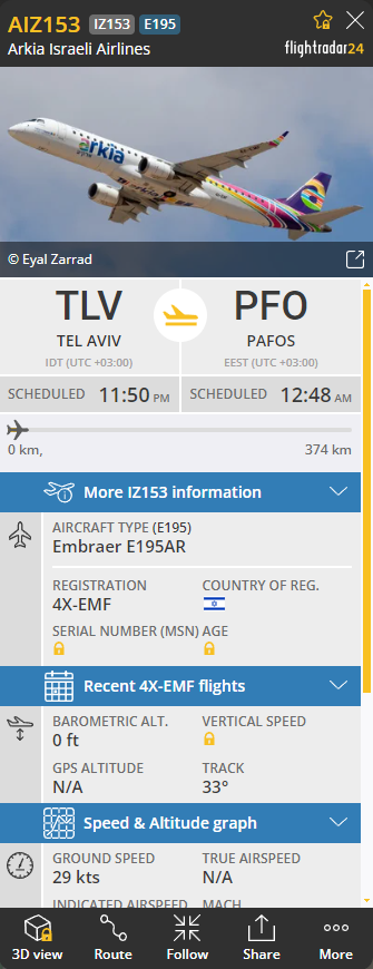 TheTribeOfTruth's tweet photo. There are 4 planes on Ben Gurion airport as of 01:26 am Tel Aviv time.

Flight #AIZ153 is headed to Cyprus.
Flight #ELY021 is headed to Florida
Flight #ELY005 is headed to LA.

Last plane has unknown call sign and destination. https://t.co/9YZx8JqruQ