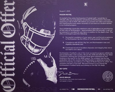 I’d call today a great day!  I received my official written scholarship offer from Northwestern University and I shot my first hole in one on the course.  #BeyondBlessed
<a href="/DavidBraunFB/">David Braun</a> <a href="/CoachSmith_9/">Christian Smith</a> <a href="/Coach_McGarigle/">Tim McGarigle</a> <a href="/NUFBFamily/">Northwestern Football</a>