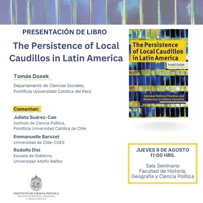 Tomas Dosek (@tomdosek) on Twitter photo 👇🏽📚 Próximo jueves a las 11:00hs la presentación de #CaudillosLocales en <a href="/icp_uc/">Instituto de Ciencia Política UC</a> 🇨🇱!
Muy agradecido con grandes y queridxs colegas <a href="/EmmanuelleBaro3/">Emmanuelle Barozet</a> <a href="/rdisip/">Rodolfo Disi Pavlic</a> <a href="/jujuchi/">Julieta Suárez-Cao (she/her/ella)</a> por leer y discutir el libro🙏🏽
Gracias a <a href="/jujuchi/">Julieta Suárez-Cao (she/her/ella)</a> e <a href="/icp_uc/">Instituto de Ciencia Política UC</a> por la invitación y organización! 👇🏽📚 Próximo jueves a las 11:00hs la presentación de #CaudillosLocales en <a href="/icp_uc/">Instituto de Ciencia Política UC</a> 🇨🇱!
Muy agradecido con grandes y queridxs colegas <a href="/EmmanuelleBaro3/">Emmanuelle Barozet</a> <a href="/rdisip/">Rodolfo Disi Pavlic</a> <a href="/jujuchi/">Julieta Suárez-Cao (she/her/ella)</a> por leer y discutir el libro🙏🏽
Gracias a <a href="/jujuchi/">Julieta Suárez-Cao (she/her/ella)</a> e <a href="/icp_uc/">Instituto de Ciencia Política UC</a> por la invitación y organización!