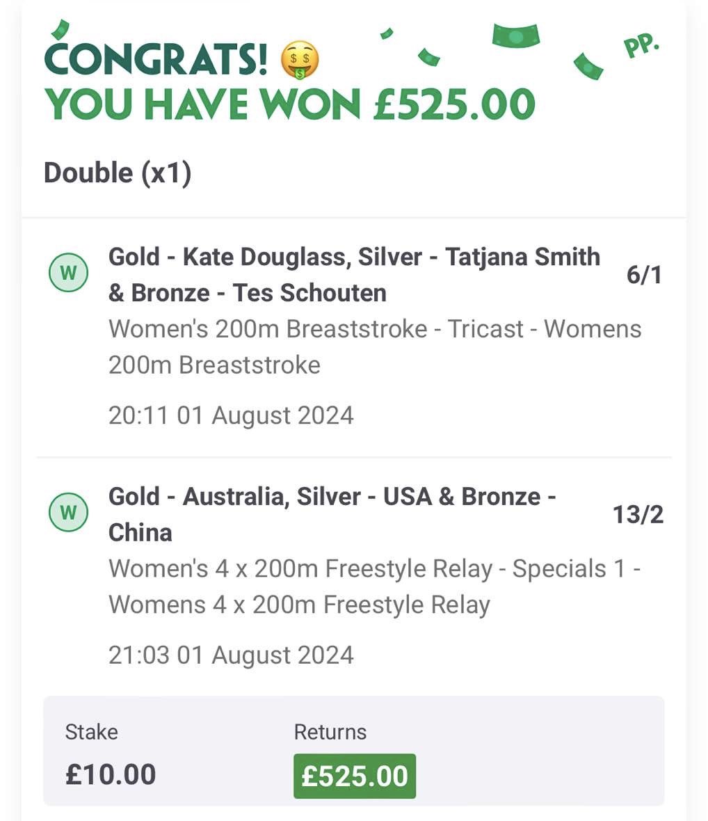 TheHoofPunts's tweet photo. WELL WELL WELL… 

What a night in the 🏊🏼‍♂️🏊🏼‍♂️🏊🏼‍♂️  at the #OlympicGames !!!

We have absolutely cleaned up predicting the 🥇🥈🥉’s in all of the women’s events tonight and our heart rates have still not recovered!! LFG!!! 🤑

We have landed MULTIPLE massive bets tonight, including the following:

37/1 double
41/1 double
50/1 double
AND…. A 289/1 TREBLE!!!

Genuinely cannot believe it!! Find us another account that can do all of that in one evening? 

DROP US A FOLLOW!! 

@bet365 
@paddypower 
@SkyBet 

(HANDFUL OF OUR WINNING SLIPS ATTACHED BELOW)