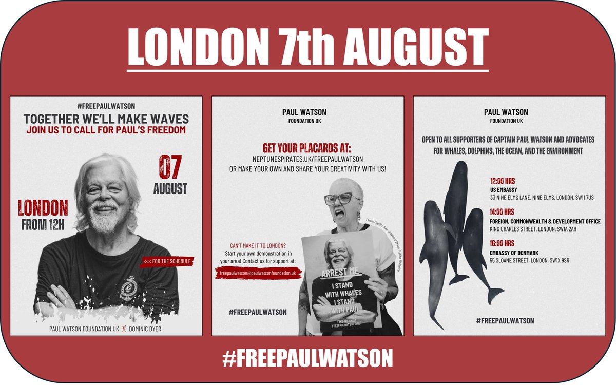 OrcaDani1's tweet photo. PROTEST in London UK Aug 7th to #FREEPAULWATSON  🪧 Join in &amp; raise your voice in support of Paul  #Peoplepower  🇩🇰 #NoExtradition https://t.co/kUXbwAiY33
