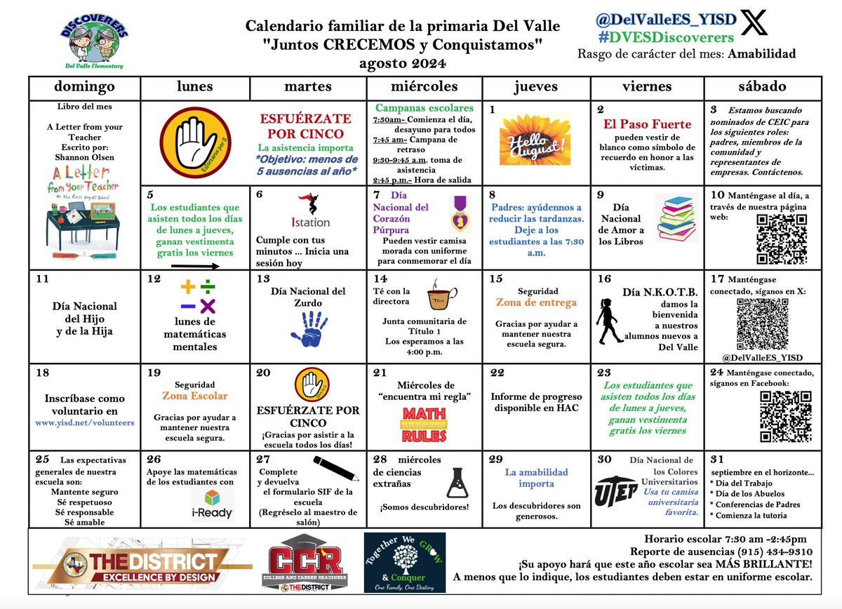 DelValleES_YISD's tweet photo. Community calendar @DelValleES_YISD for the month of August, #THEDISTRICT #WeDeliverExcellence @OFOD @EGonzalez_DVES @cimai2 @tippih833  @oceans80 https://t.co/XqlrIMMzHd