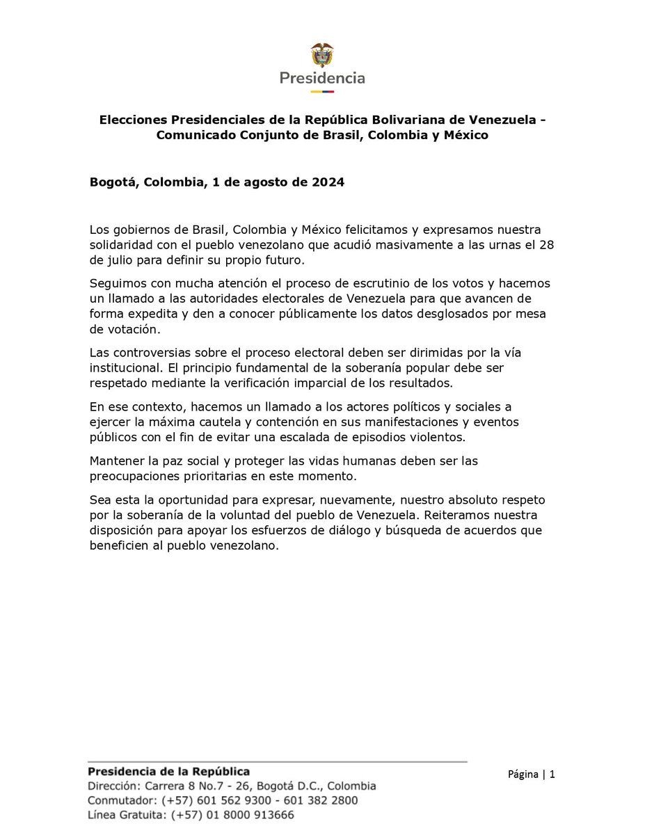 petrogustavo's tweet image. Este es el comunicado conjunto to con los gobiernos de Brasil y México en búsqueda de una solución política en Venezuela.

Una vez se expidió el comunicado hablé con el presidente Bóric de Chile para fortalecer este grupo latinoamericano