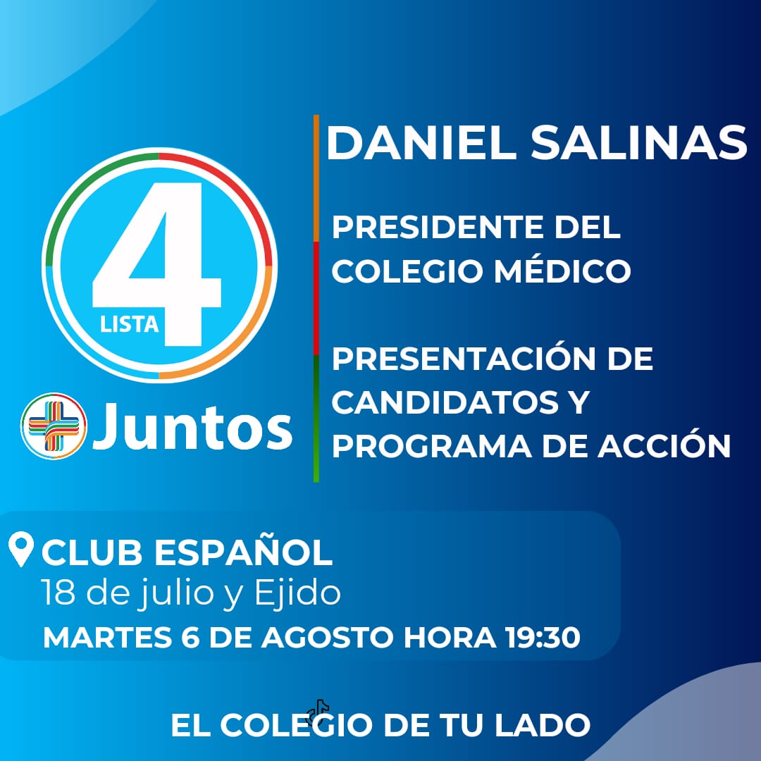 <a href="/Juntos/">juntos</a> y <a href="/DrDanielSalinas/">Daniel Salinas</a> presenta su programa y equipo de cara a las elecciones del <a href="/colegiomedicouy/">Colegio Médico del Uruguay</a> . Acompañanos!
